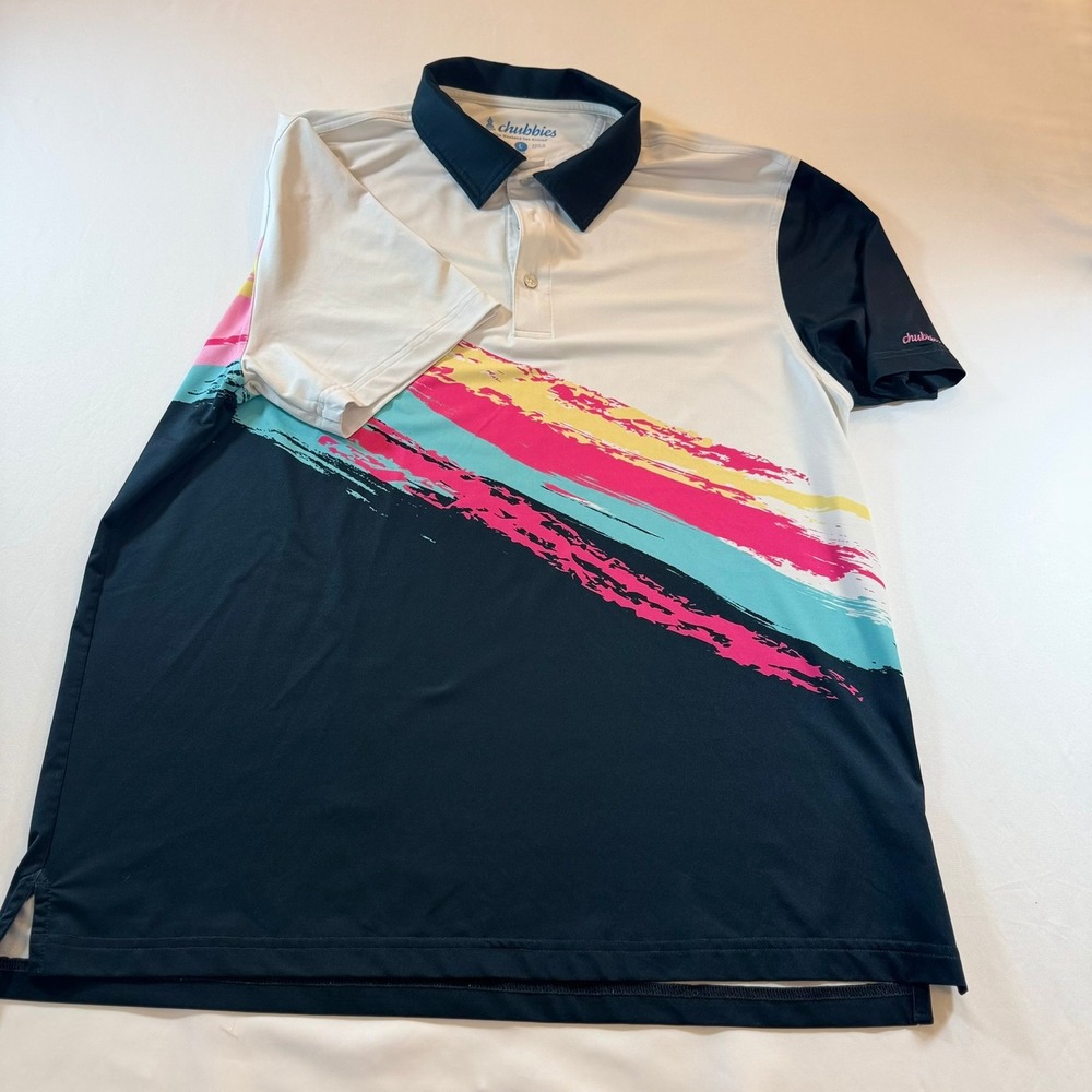 Chubbies Mens Large Golf Polo Shirt Navy White Pink Brushstroke Performance L